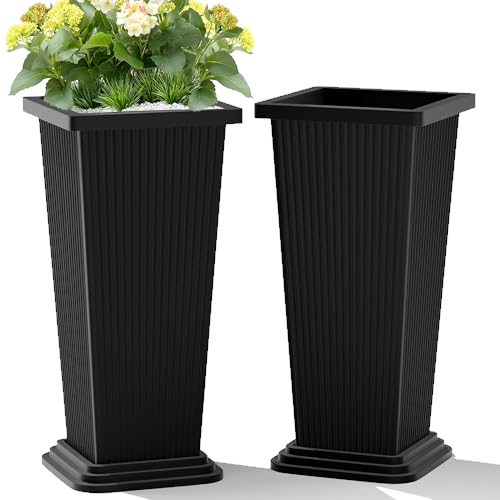 TUYOHW Set of 2 Large Tall Planter for Indoor or Outdoor 24" Flower Pots Tapered Tall Planters with Tray for Porch